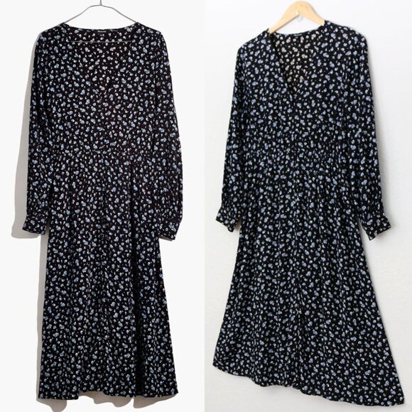 Madewell Long Sleeve Button Front Midi Dress 2 Baby's Breath  Black Blue Floral - Picture 3 of 15